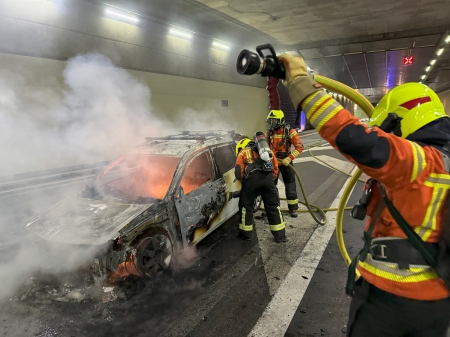 Feuerwehrmänner bei brennendem Auto